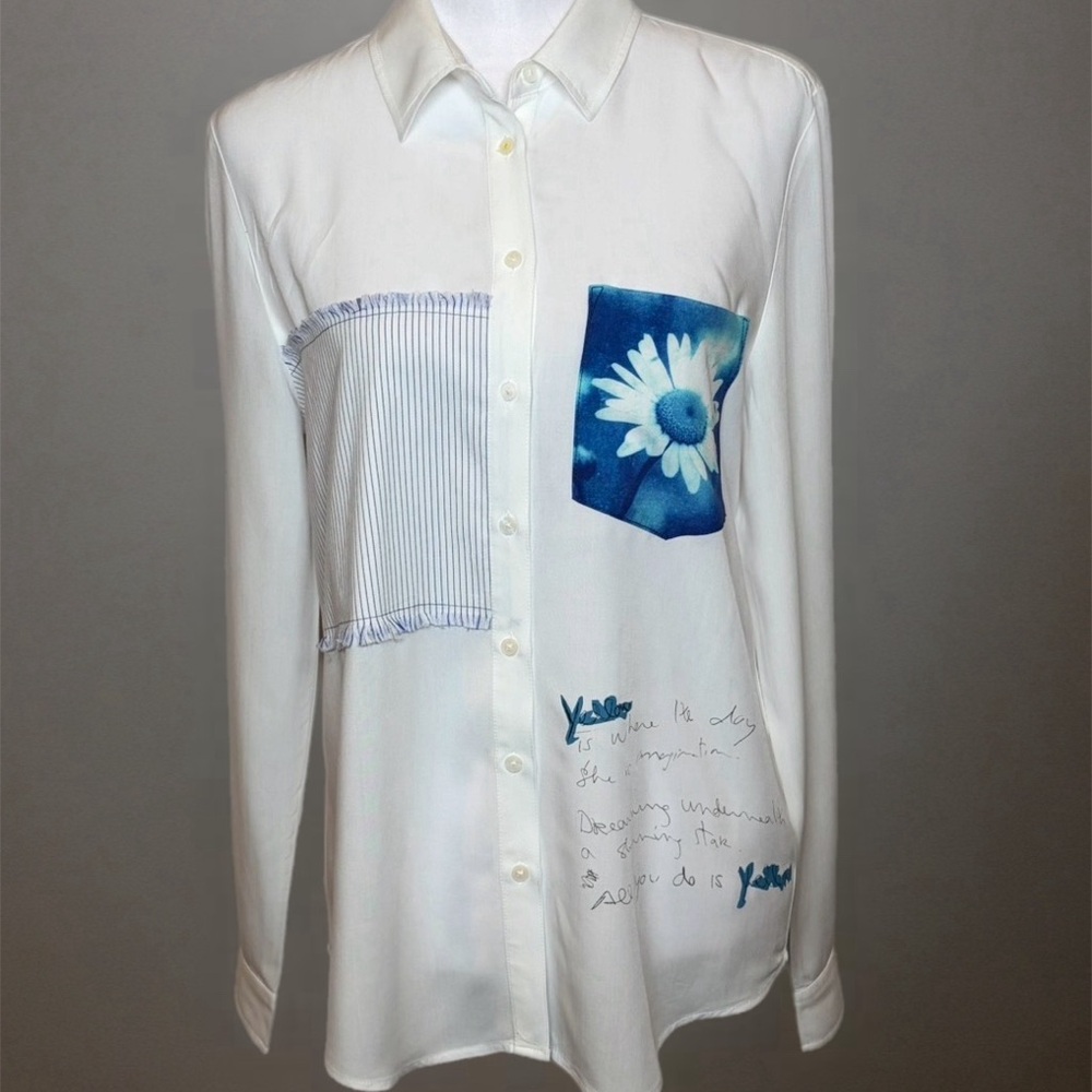 Desigual Chicago White Button Down - Abstract Patchwork Pocket Shirt Size M
